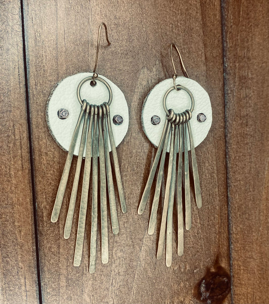 Ivory Leather & Hammered Brass Fringe Statement Dangles