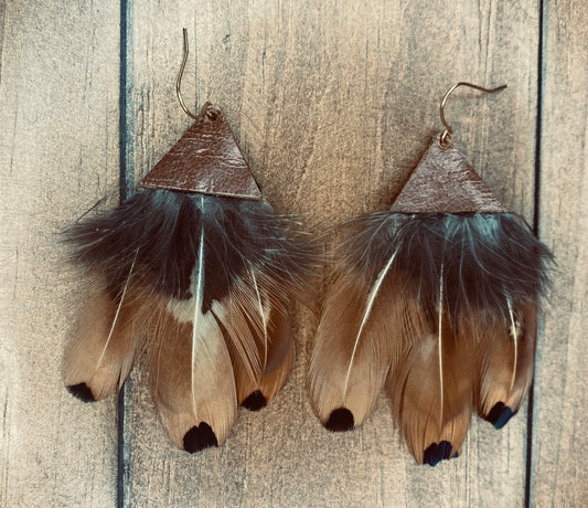 Warm Autum Leather & Feather Statement Dangles