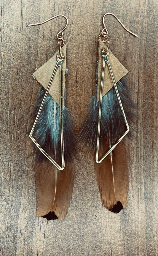 Desert Prism Leather & Feather Geometric Dangles