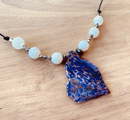 Purple stone with White & Silver Beads