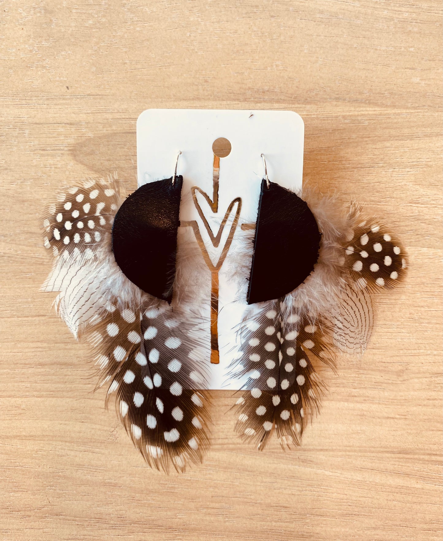 Half moon leather & feather earrings