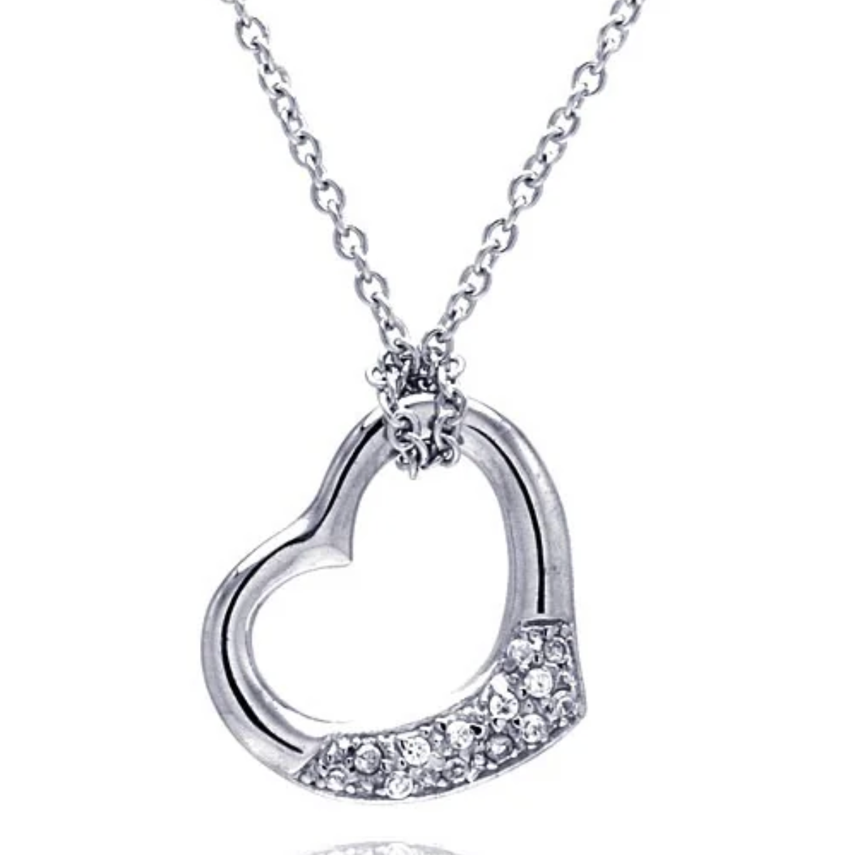 Sterling Silver Necklace with Fancy Sideways Open Heart Inlaid with Clear Czs Pendant