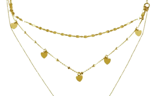 Sterling Silver Gold Plated Multi Chain Dangling Hearts Necklace