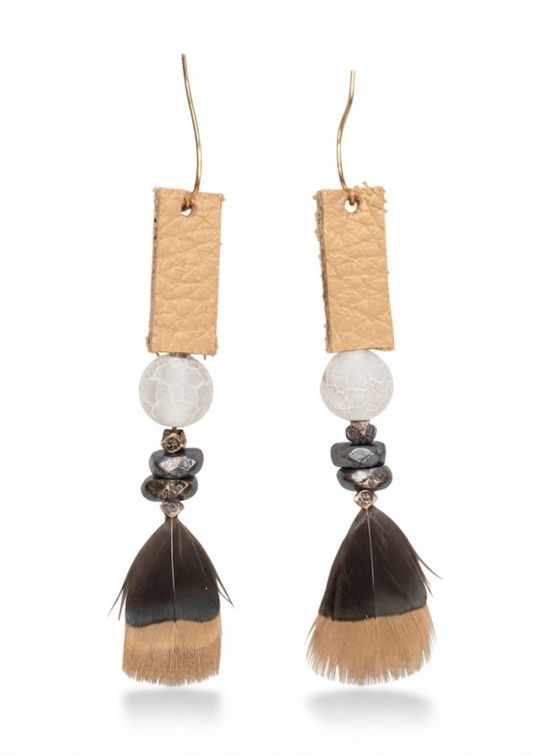 Ochre Leather, Feather & Stone Dangle Earrings