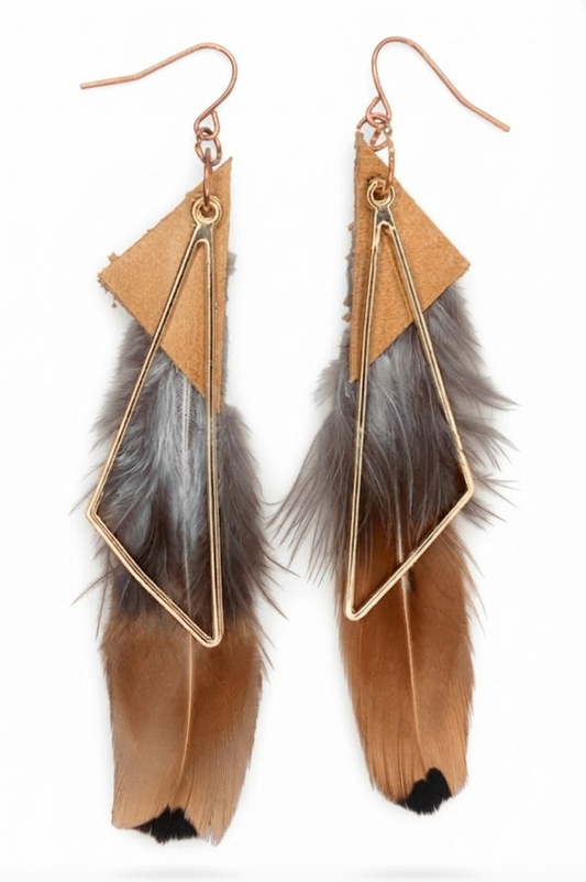 Carmel Leather, Gold & Feather Geometric Dangles