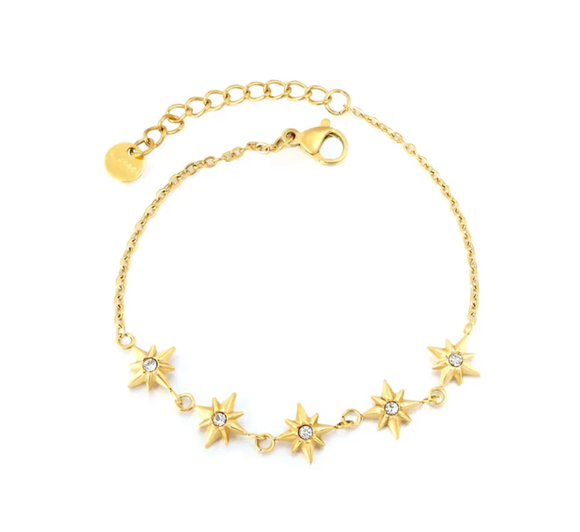 Stainless Steel Gold Color White Crystals Eight Pointed Star Chain Bracelet