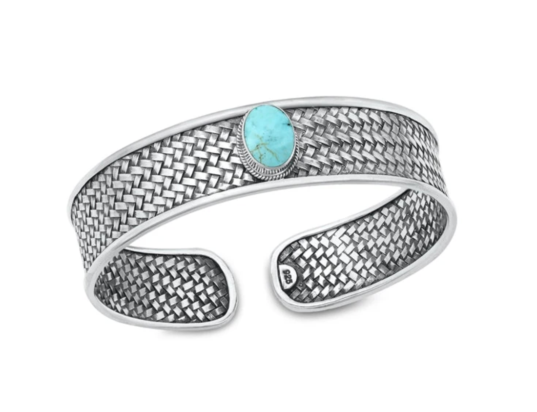 Sterling Silver Oxidized Oval Genuine Turquoise Bangle