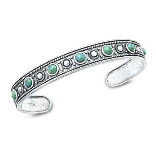 Sterling Silver Oxidized Round Turquoise Stone Bangle Bracelet
