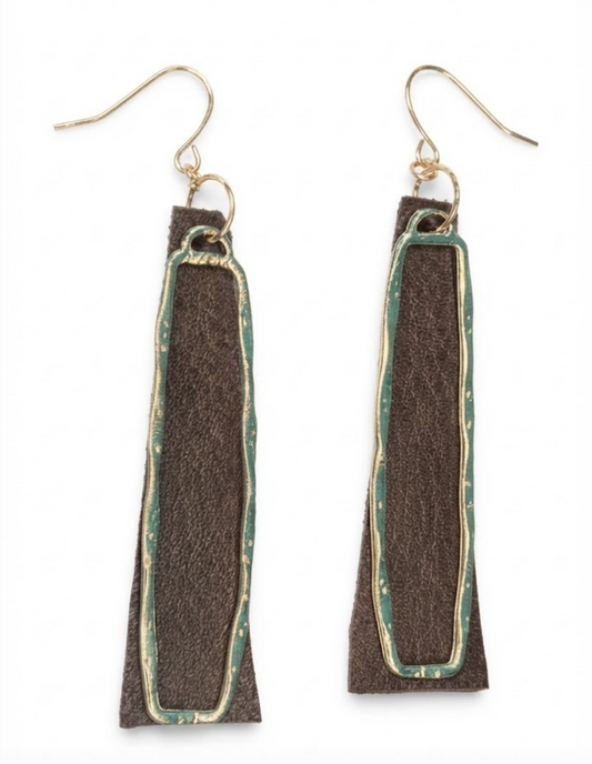 Carmel & Gold Leather Rectangular Earrings