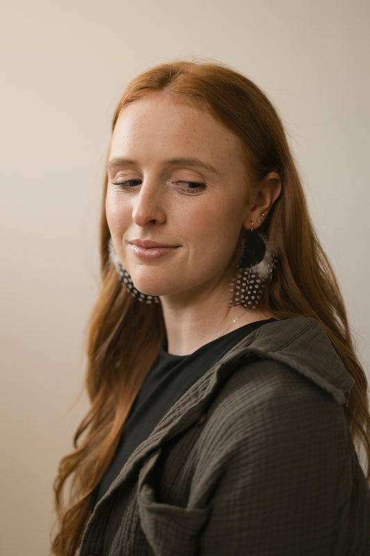 Half moon leather & feather earrings