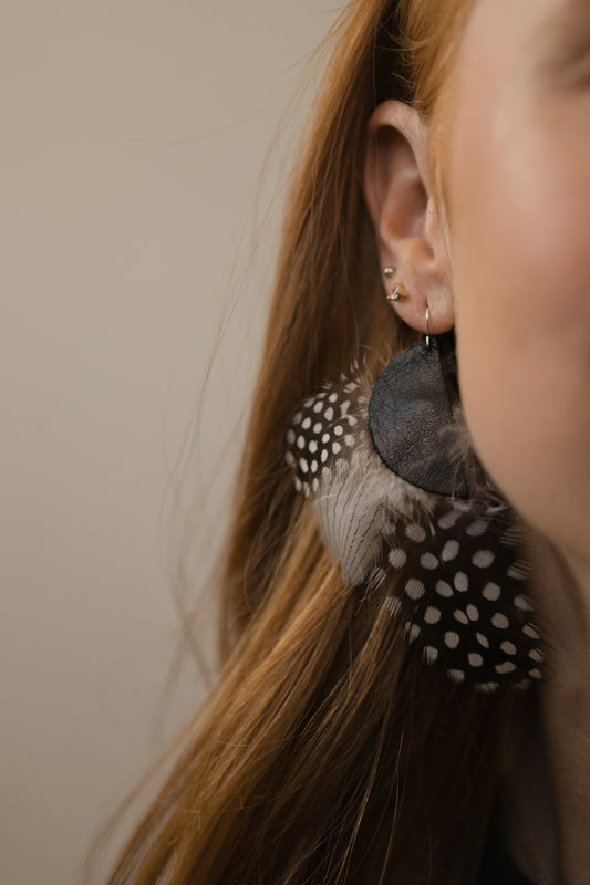 Half moon leather & feather earrings