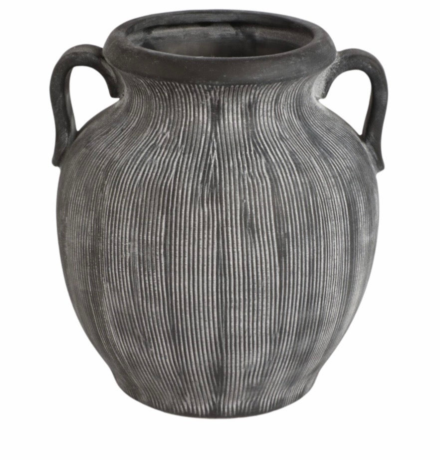 Handled Charcoal Ribbed Vase