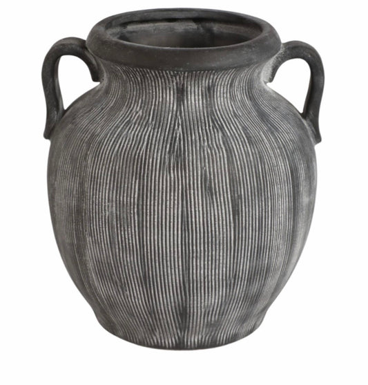Handled Charcoal Ribbed Vase