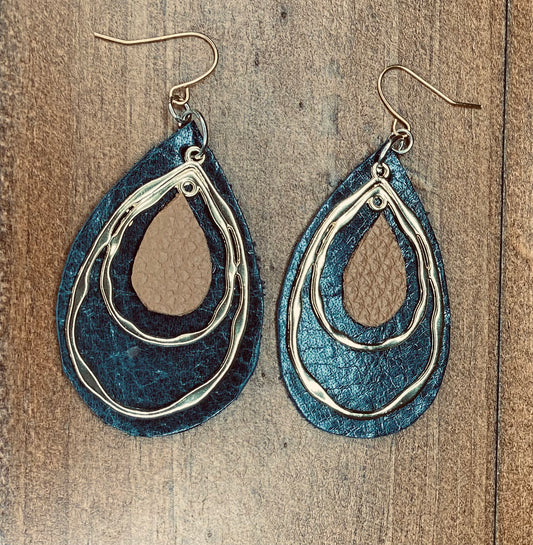 Layered Teardrop Leather & Gold Statement Earrings