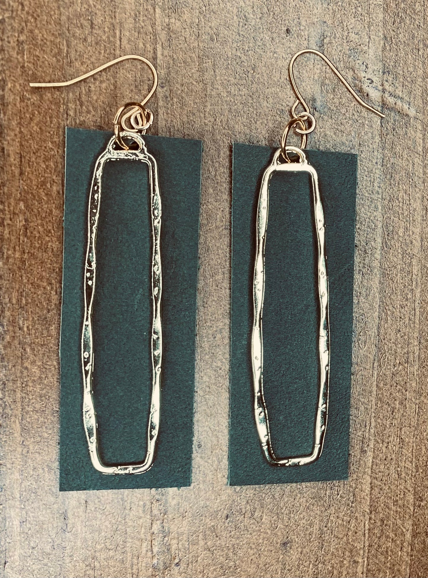 Hammered Gold & Leather Rectangle Dangles