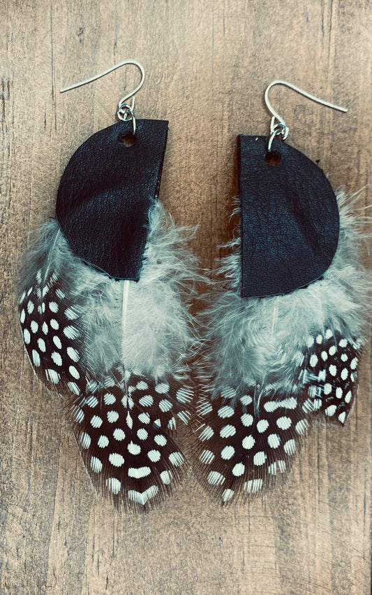 November Frost Spotted Feather & Leather Statement Dangles
