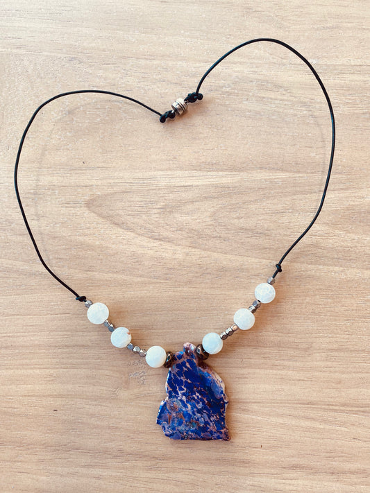 Purple stone with White & Silver Beads