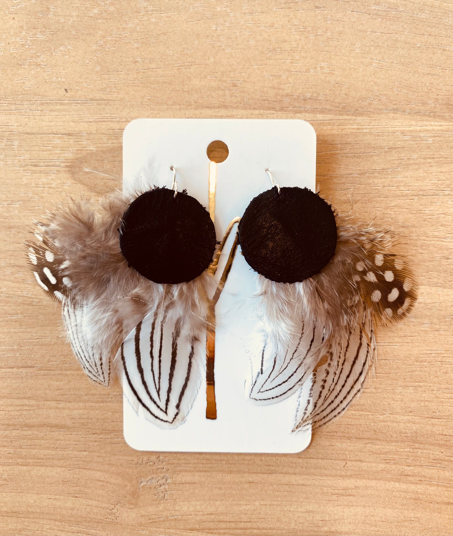 Circle leather & feather earring