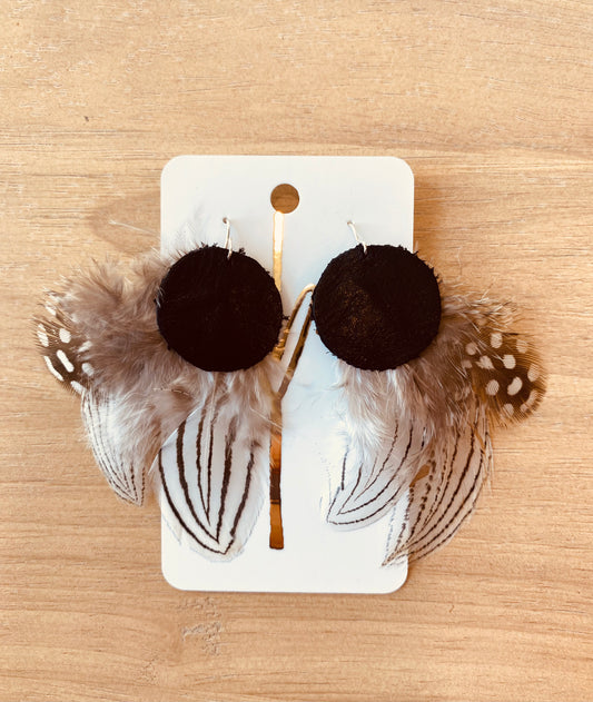 Circle leather & feather earring