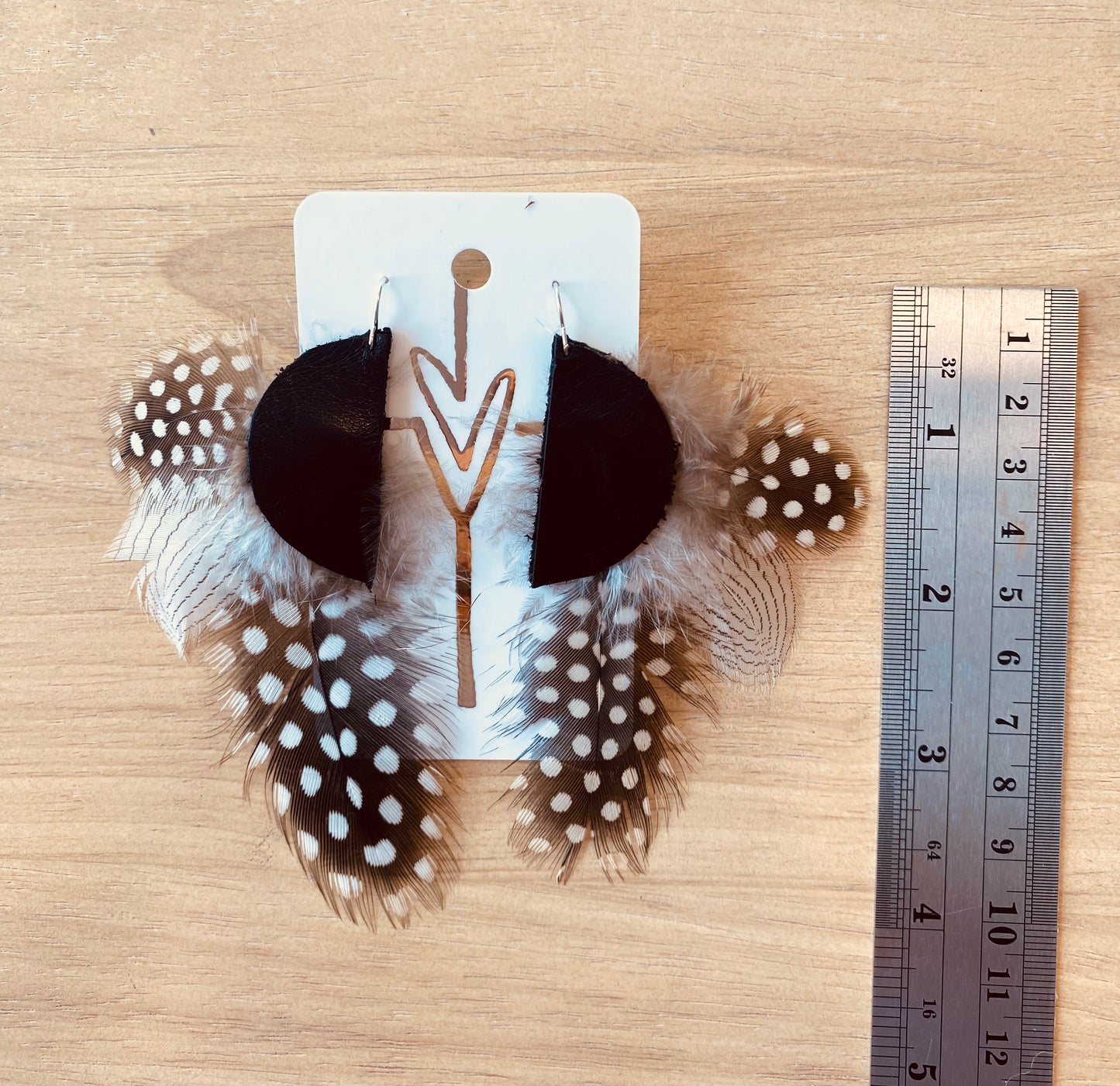 Half moon leather & feather earrings