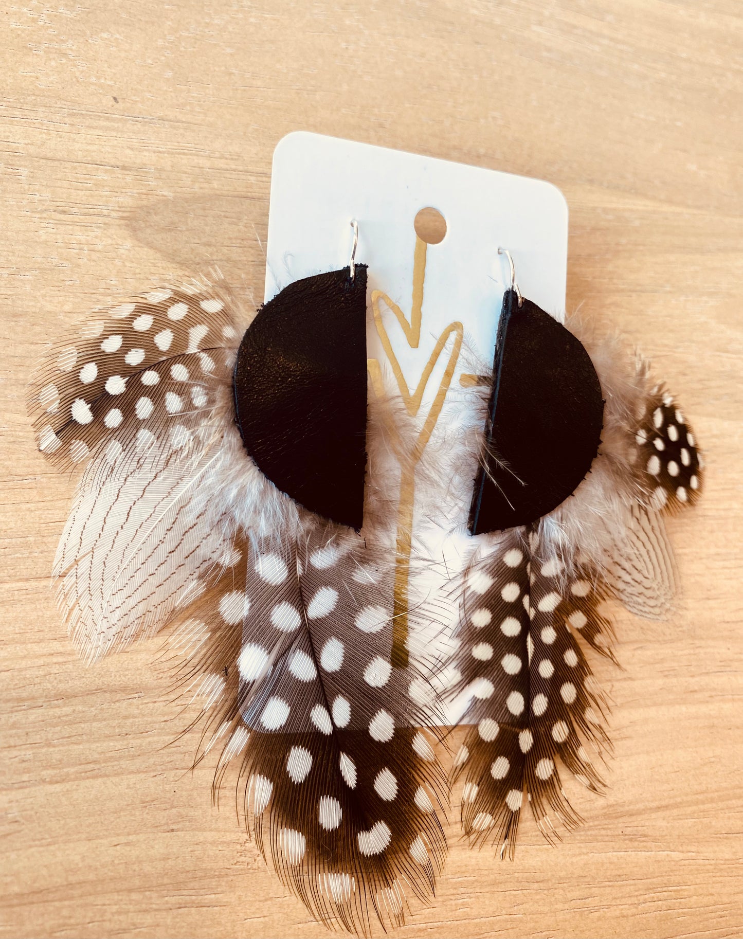 Half moon leather & feather earrings