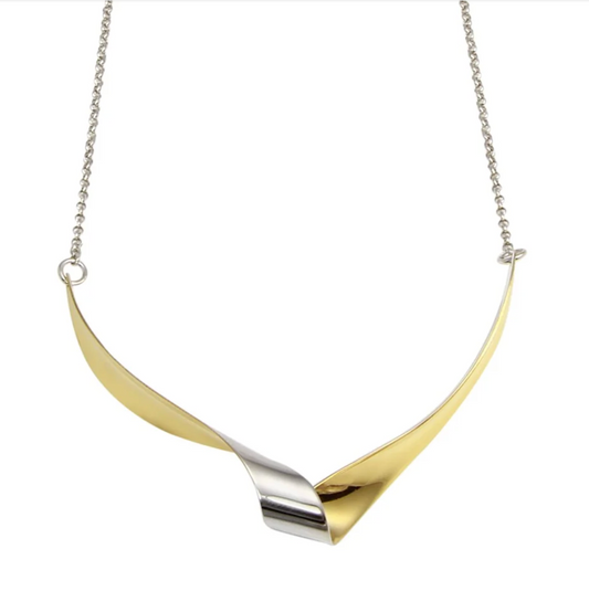 Sterling Silver Rhodium and Gold Plated Wave Design Chain Necklace