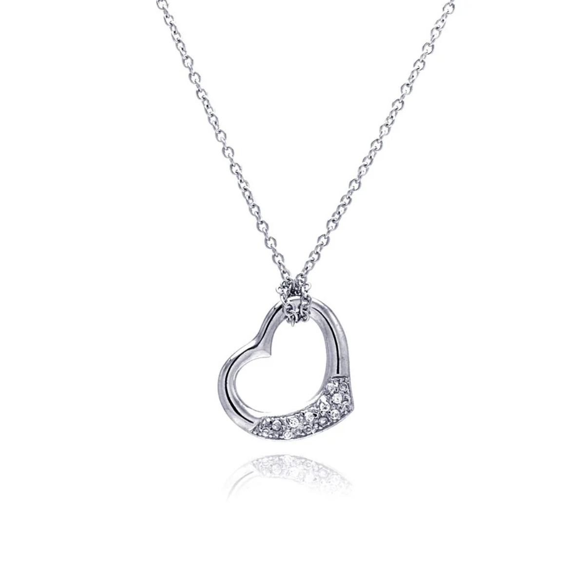 Sterling Silver Necklace with Fancy Sideways Open Heart Inlaid with Clear Czs Pendant