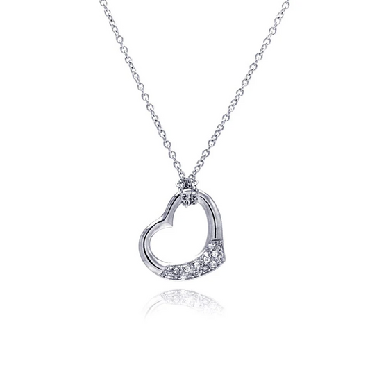 Sterling Silver Necklace with Fancy Sideways Open Heart Inlaid with Clear Czs Pendant