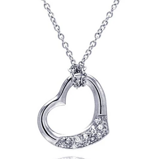 Sterling Silver Necklace with Fancy Sideways Open Heart Inlaid with Clear Czs Pendant