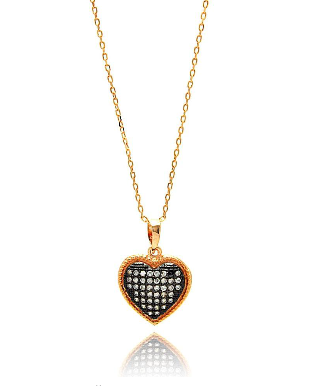 Sterling Silver Rose Gold Plated Necklace with Two-Toned Trendy Heart Inlaid with Clear Czs PendantAnd Chain Length of 16 -18 And Pendant Dimensions: 17MMx15MM