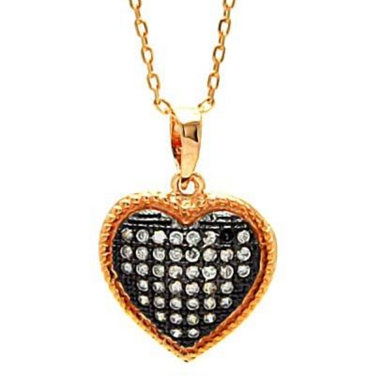 Sterling Silver Rose Gold Plated Necklace with Two-Toned Trendy Heart Inlaid with Clear Czs PendantAnd Chain Length of 16 -18 And Pendant Dimensions: 17MMx15MM
