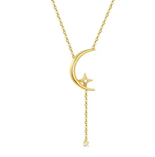 Stainless Steel Gold Color PVD Moon Eight Pointed Star With Zircon Cable Chain Necklace