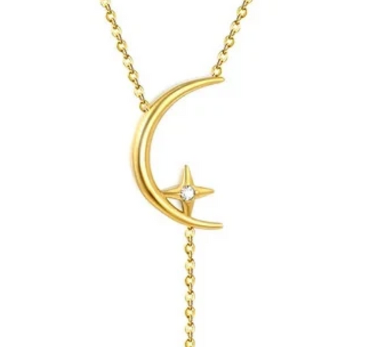 Stainless Steel Gold Color PVD Moon Eight Pointed Star With Zircon Cable Chain Necklace