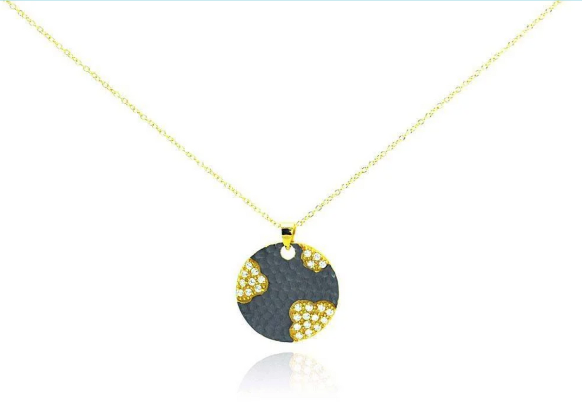 Sterling Silver Gold Plated Necklace with Two-Toned Fancy Disc Inlaid with Clear Czs Pendant