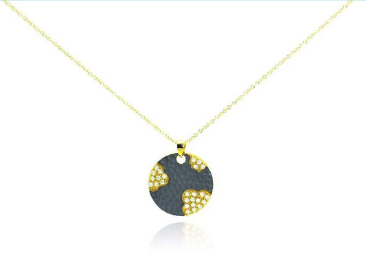 Sterling Silver Gold Plated Necklace with Two-Toned Fancy Disc Inlaid with Clear Czs Pendant