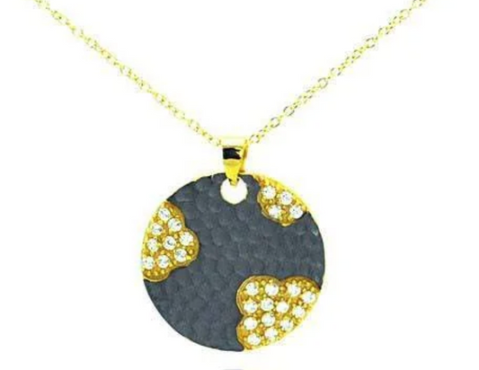 Sterling Silver Gold Plated Necklace with Two-Toned Fancy Disc Inlaid with Clear Czs Pendant