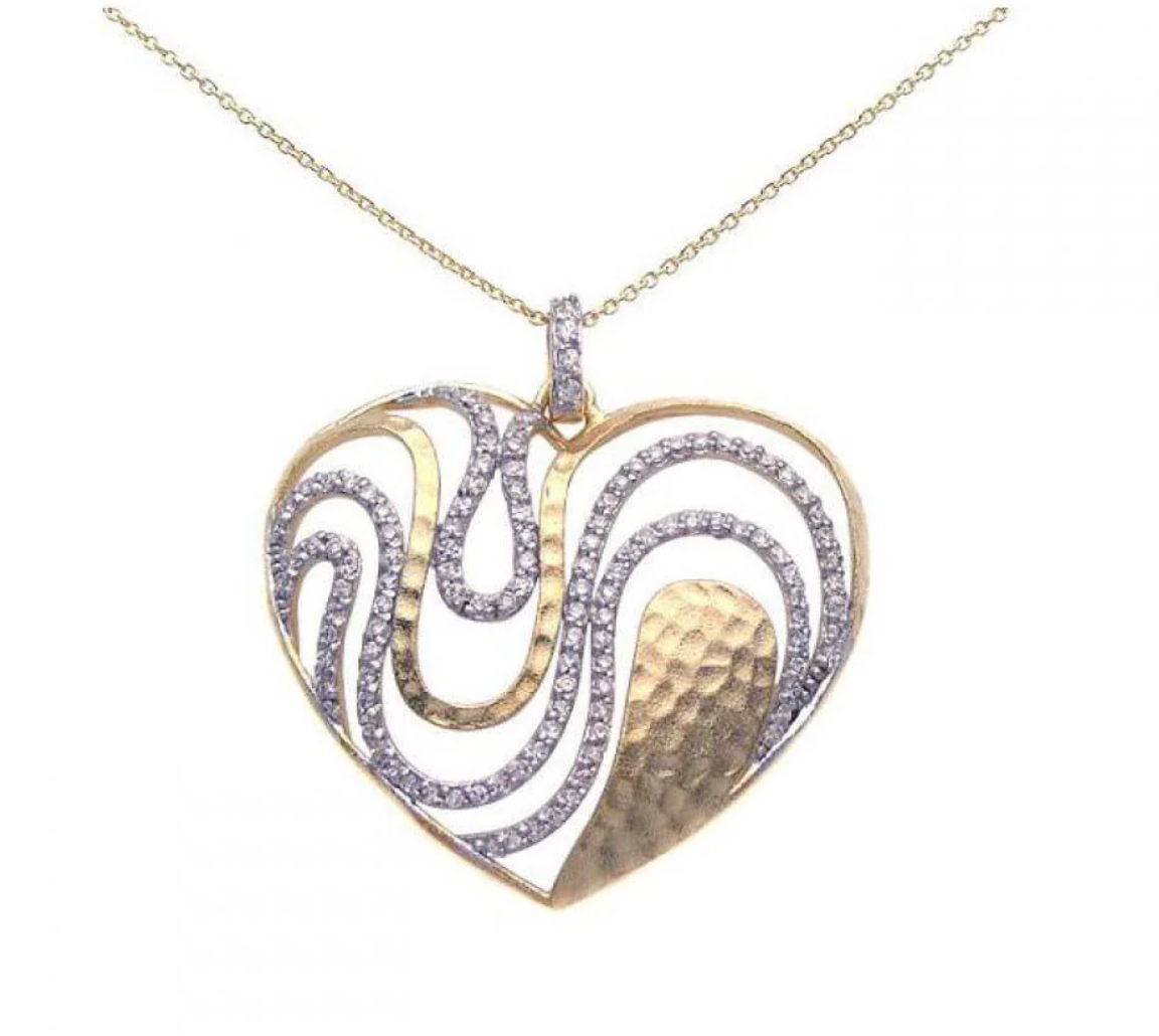 Sterling Silver Gold Plated Necklace with Two-Toned Heart Wavy Design Inlaid with Clear Czs Pendant