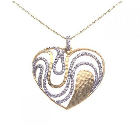 Sterling Silver Gold Plated Necklace with Two-Toned Heart Wavy Design Inlaid with Clear Czs Pendant