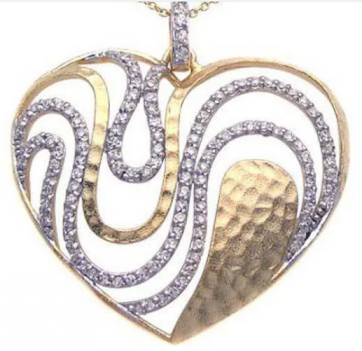 Sterling Silver Gold Plated Necklace with Two-Toned Heart Wavy Design Inlaid with Clear Czs Pendant