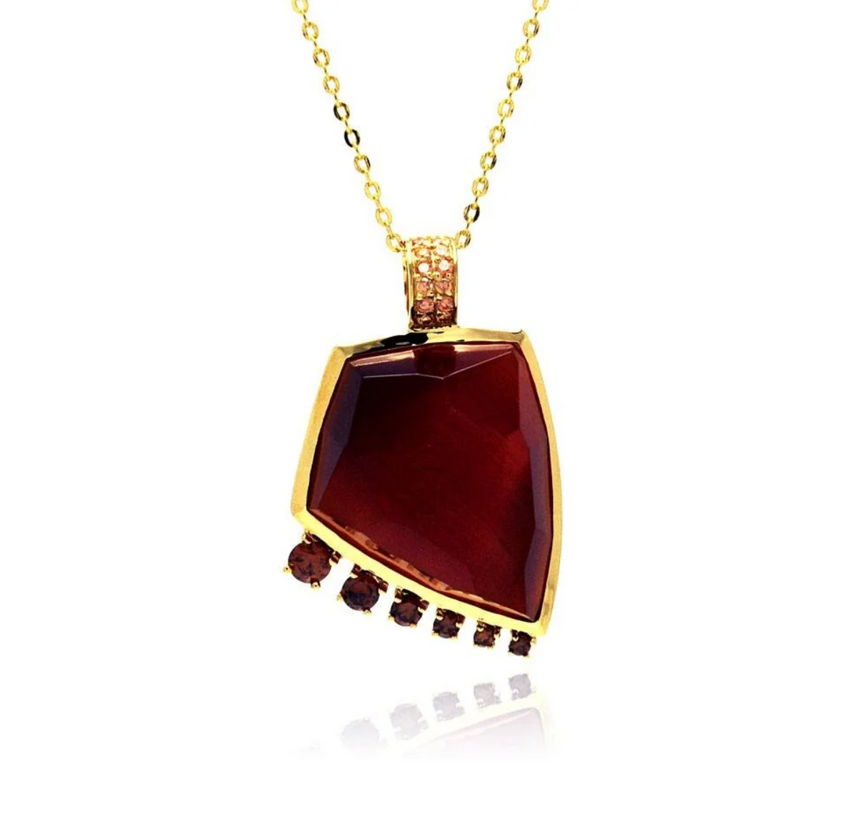 Sterling Silver Gold Plated Necklace with Tribal Style Pendant Fancy Cut Red Stone with Graduated Round Garnet Czs