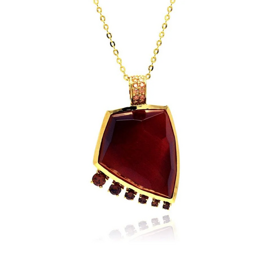 Sterling Silver Gold Plated Necklace with Tribal Style Pendant Fancy Cut Red Stone with Graduated Round Garnet Czs