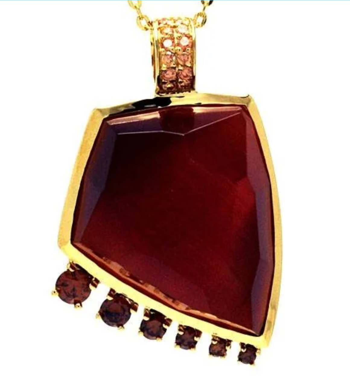 Sterling Silver Gold Plated Necklace with Tribal Style Pendant Fancy Cut Red Stone with Graduated Round Garnet Czs