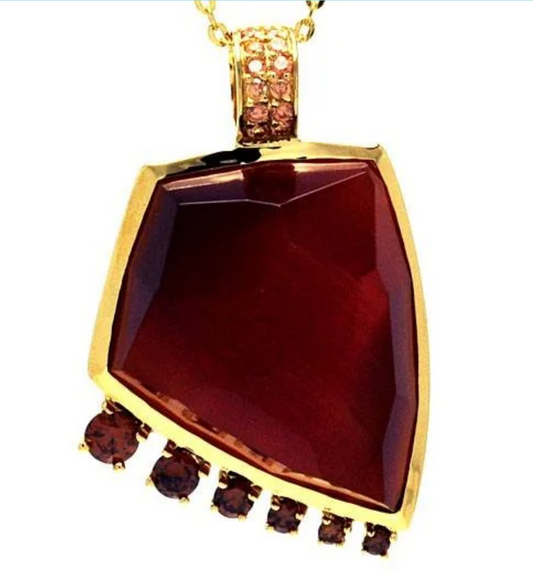 Sterling Silver Gold Plated Necklace with Tribal Style Pendant Fancy Cut Red Stone with Graduated Round Garnet Czs