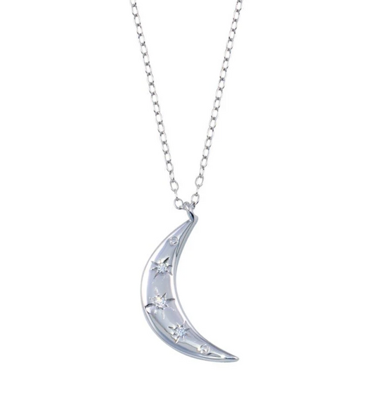 Sterling Silver Rhodium Plated Moon CZ Necklace