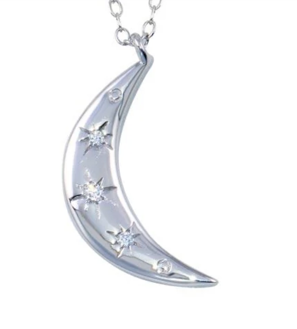 Sterling Silver Rhodium Plated Moon CZ Necklace