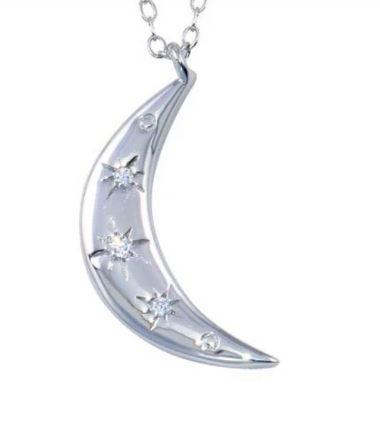 Sterling Silver Rhodium Plated Moon CZ Necklace