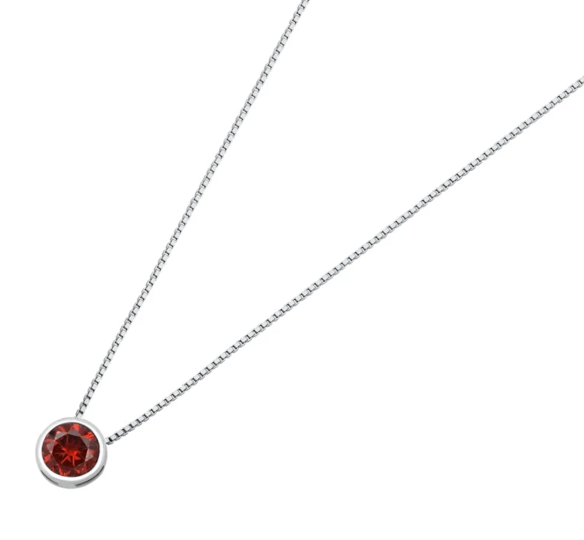 Sterling Silver Round Garnet CZ Bezel Solitaire Necklace