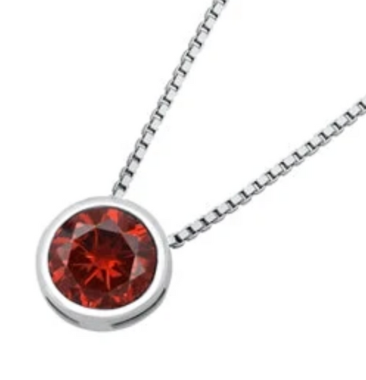 Sterling Silver Round Garnet CZ Bezel Solitaire Necklace