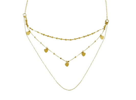 Sterling Silver Gold Plated Multi Chain Dangling Hearts Necklace