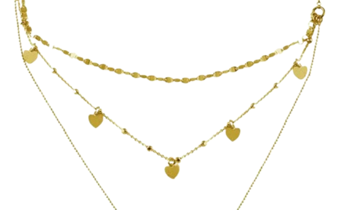 Sterling Silver Gold Plated Multi Chain Dangling Hearts Necklace